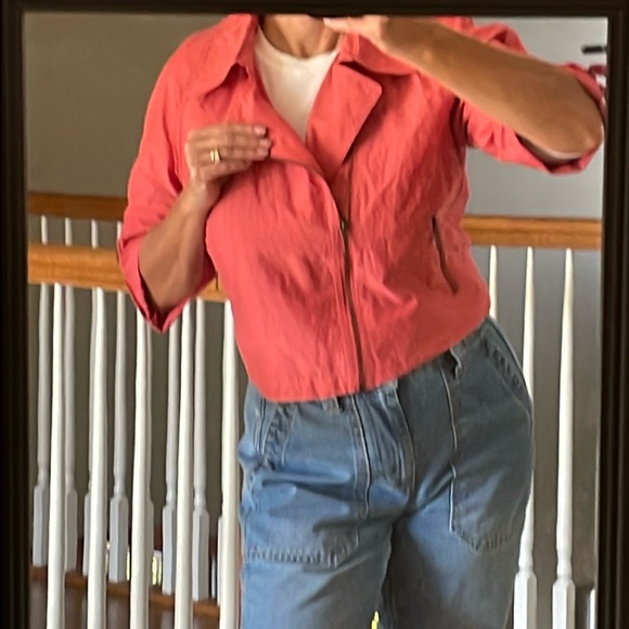 CAbi 913 coral orange cropped moto scooter jacket size small spring jacket EUC - Picture 1 of 7